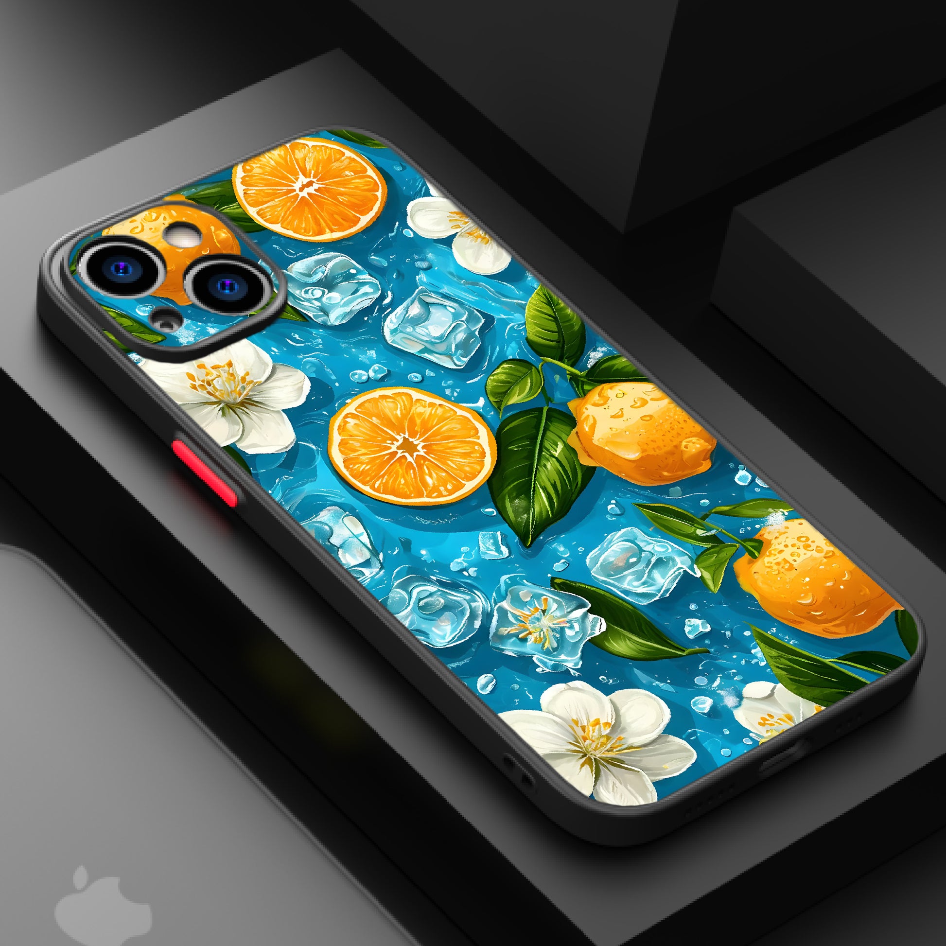 Artwork titled 'Iced Orange', showing oranges, ice cubes, flowers, and leaves on a blue background.