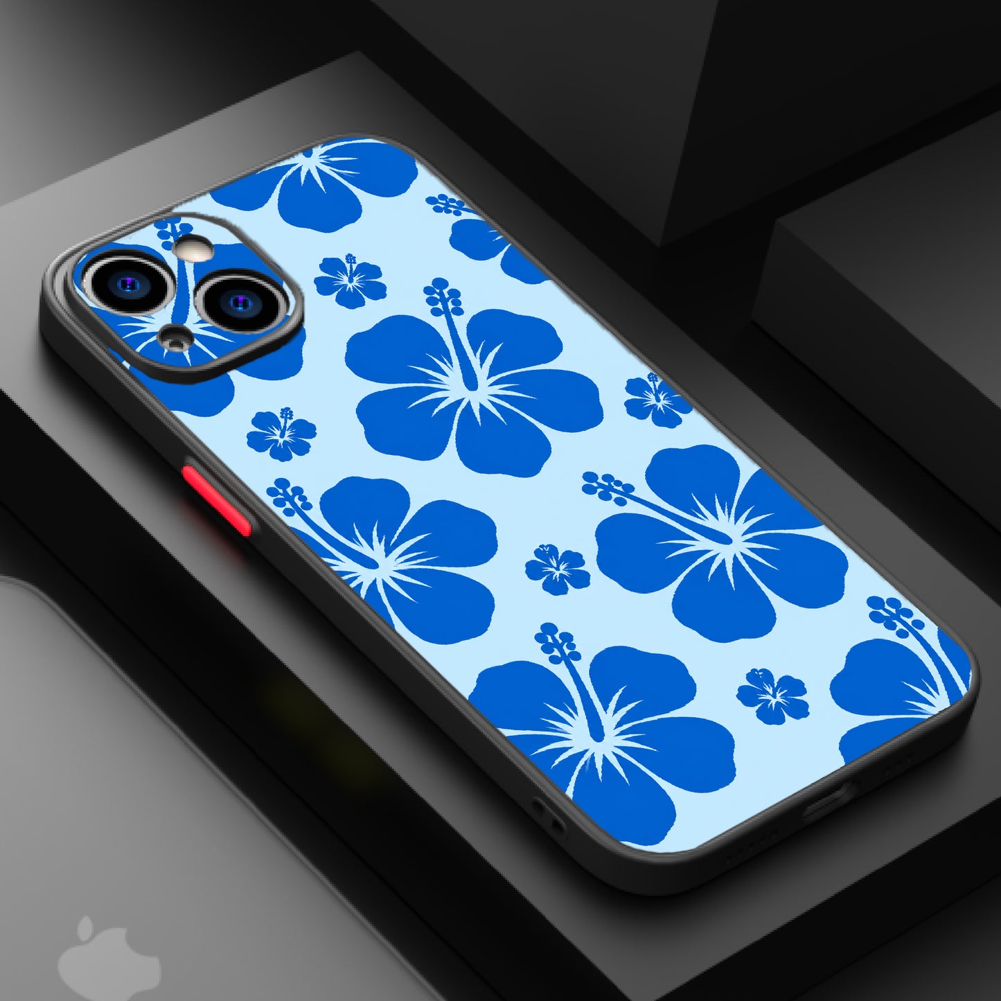 Vibrant blue hibiscus flowers on a light blue background in a repeating pattern.
