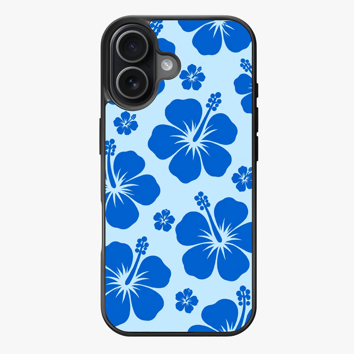 Vibrant blue hibiscus flowers on a light blue background in a repeating pattern.