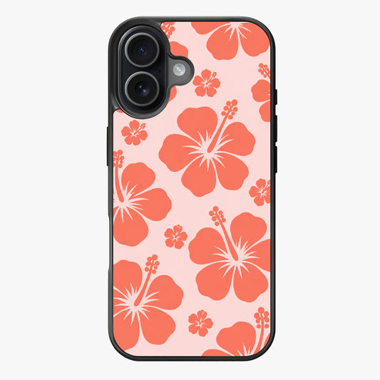 Vibrant coral hibiscus flowers on a soft pink background.