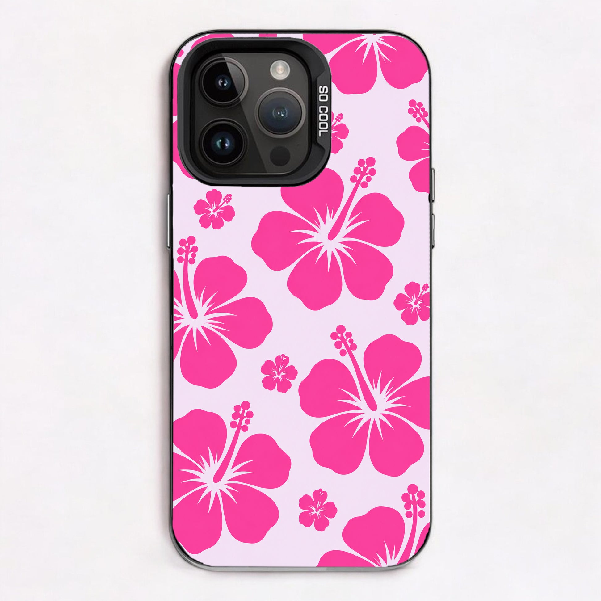 Vibrant pink hibiscus flowers on a lavender background, designed for a tropical and summery vibe.
