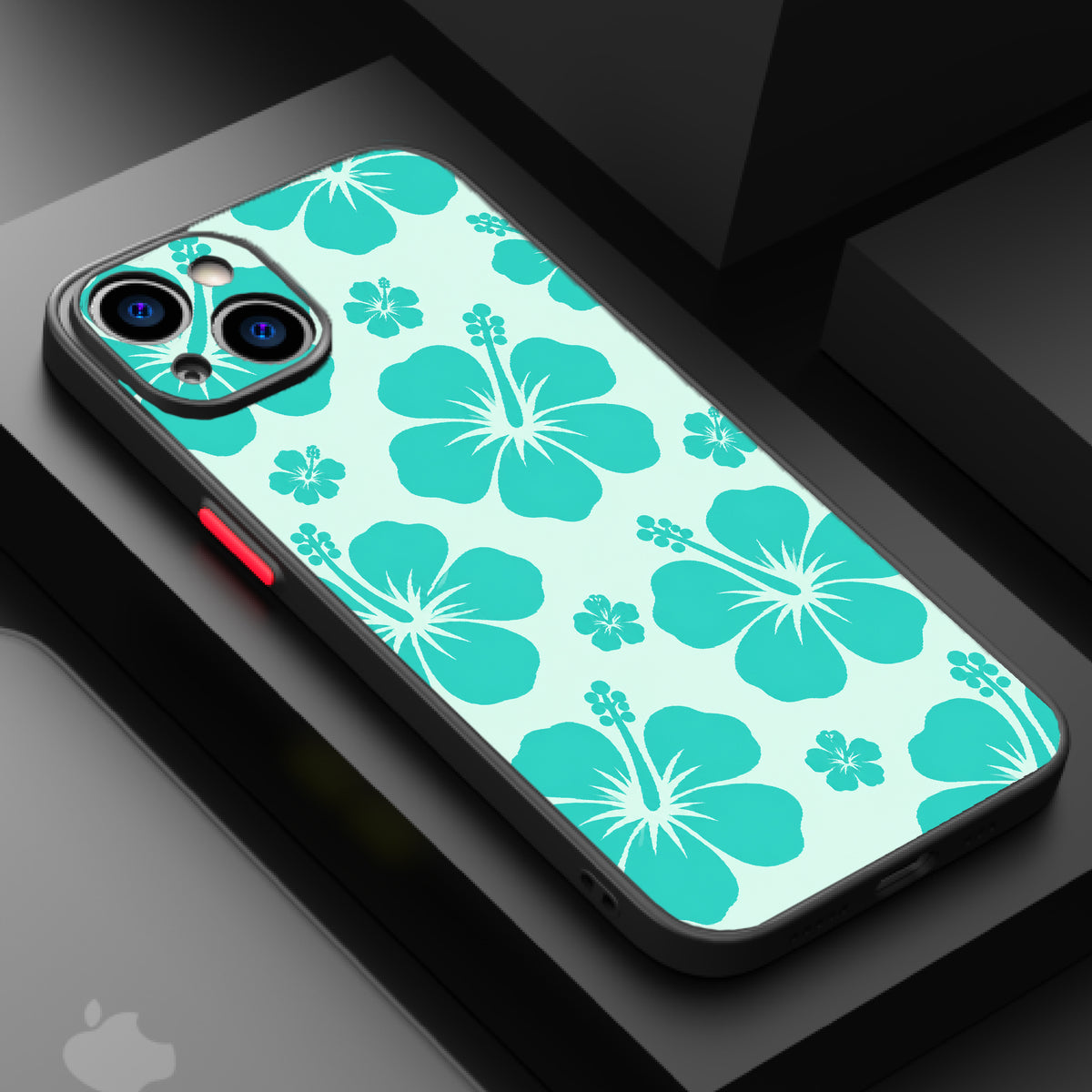A pattern of turquoise hibiscus flowers on a light teal background.