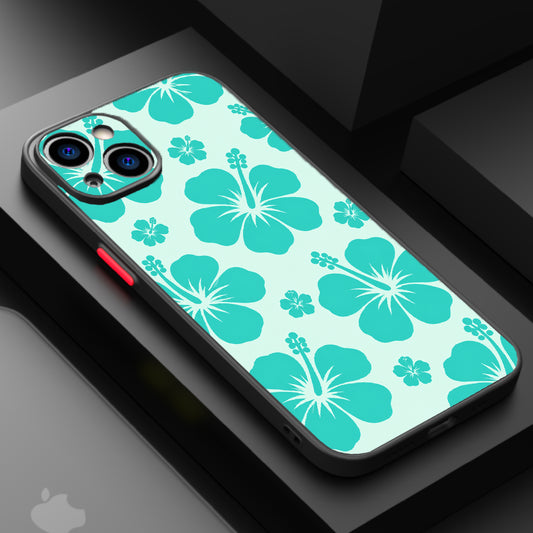 A pattern of turquoise hibiscus flowers on a light teal background.