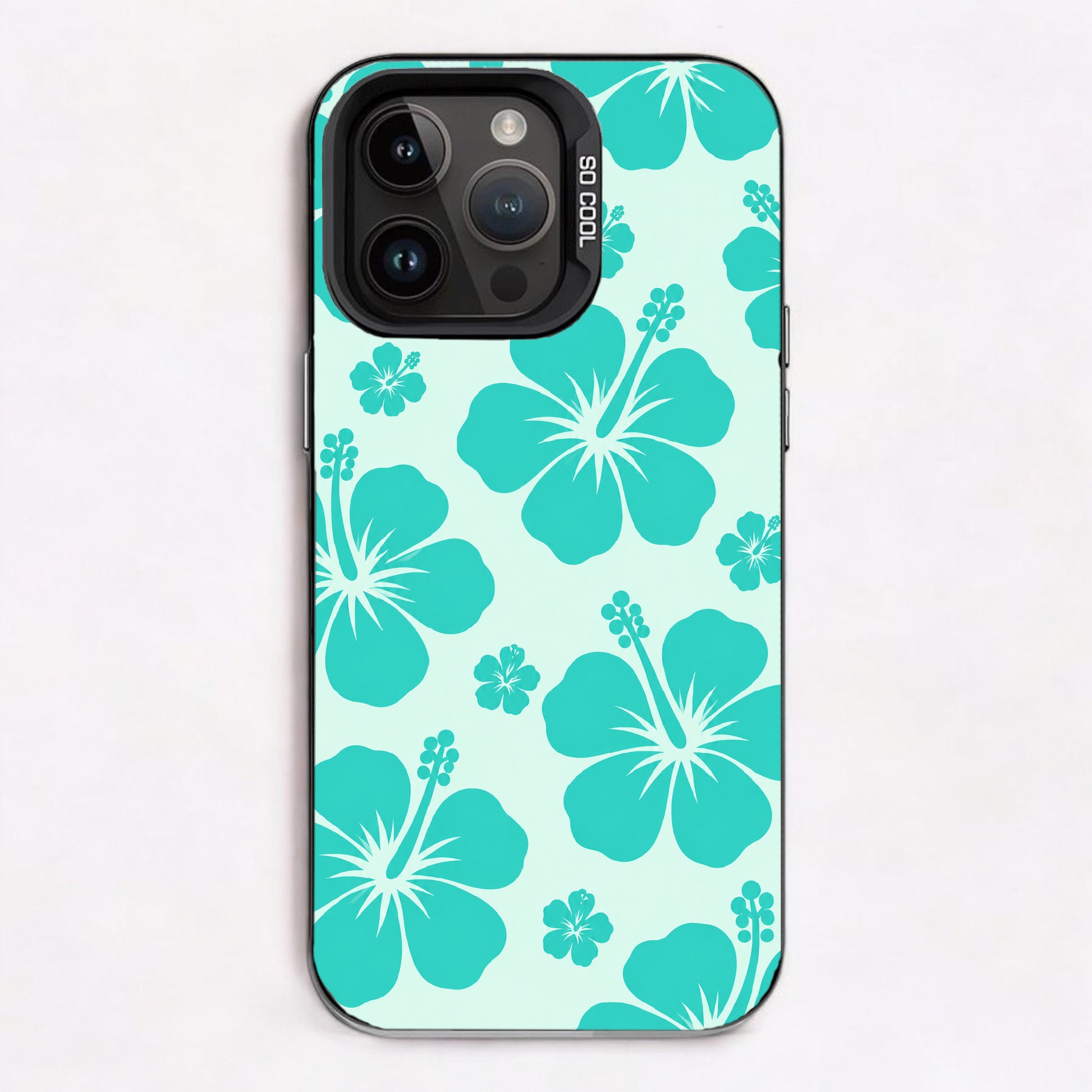 A pattern of turquoise hibiscus flowers on a light teal background.