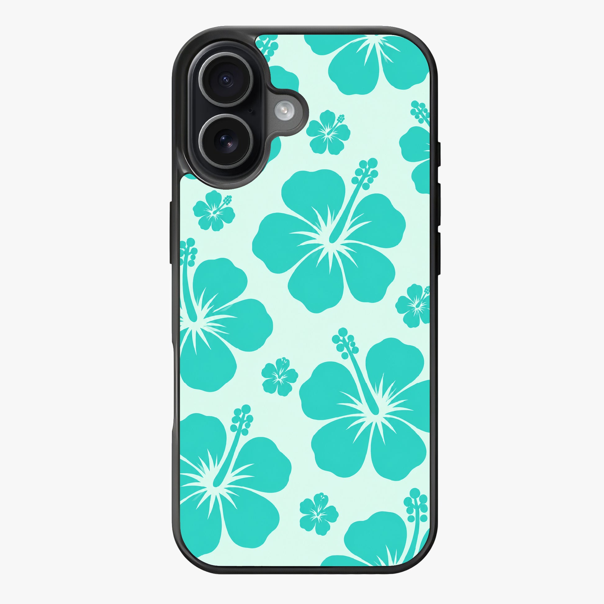 A pattern of turquoise hibiscus flowers on a light teal background.