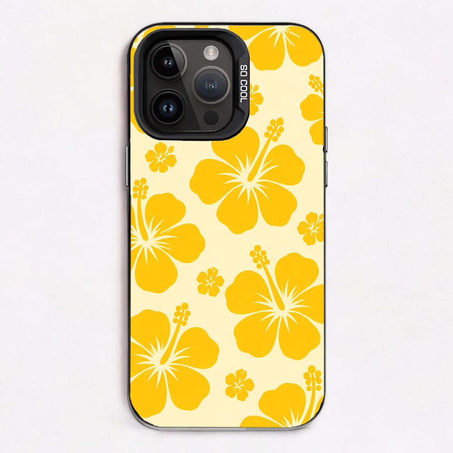 A pattern of yellow hibiscus flowers on a light background, evoking a tropical and summery mood.