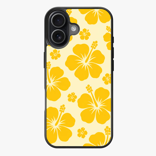 A pattern of yellow hibiscus flowers on a light background, evoking a tropical and summery mood.