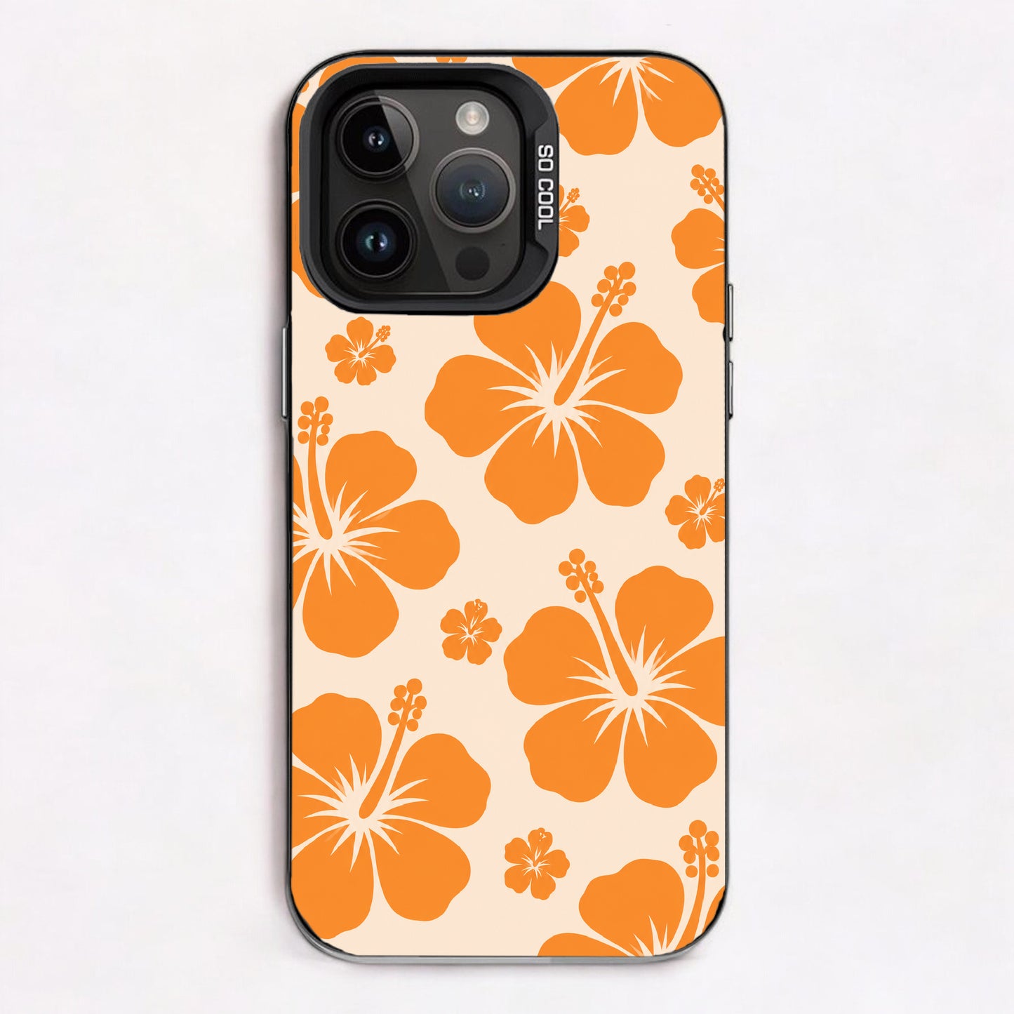 Vibrant orange hibiscus flowers on a light background, representing a tropical and summery theme.