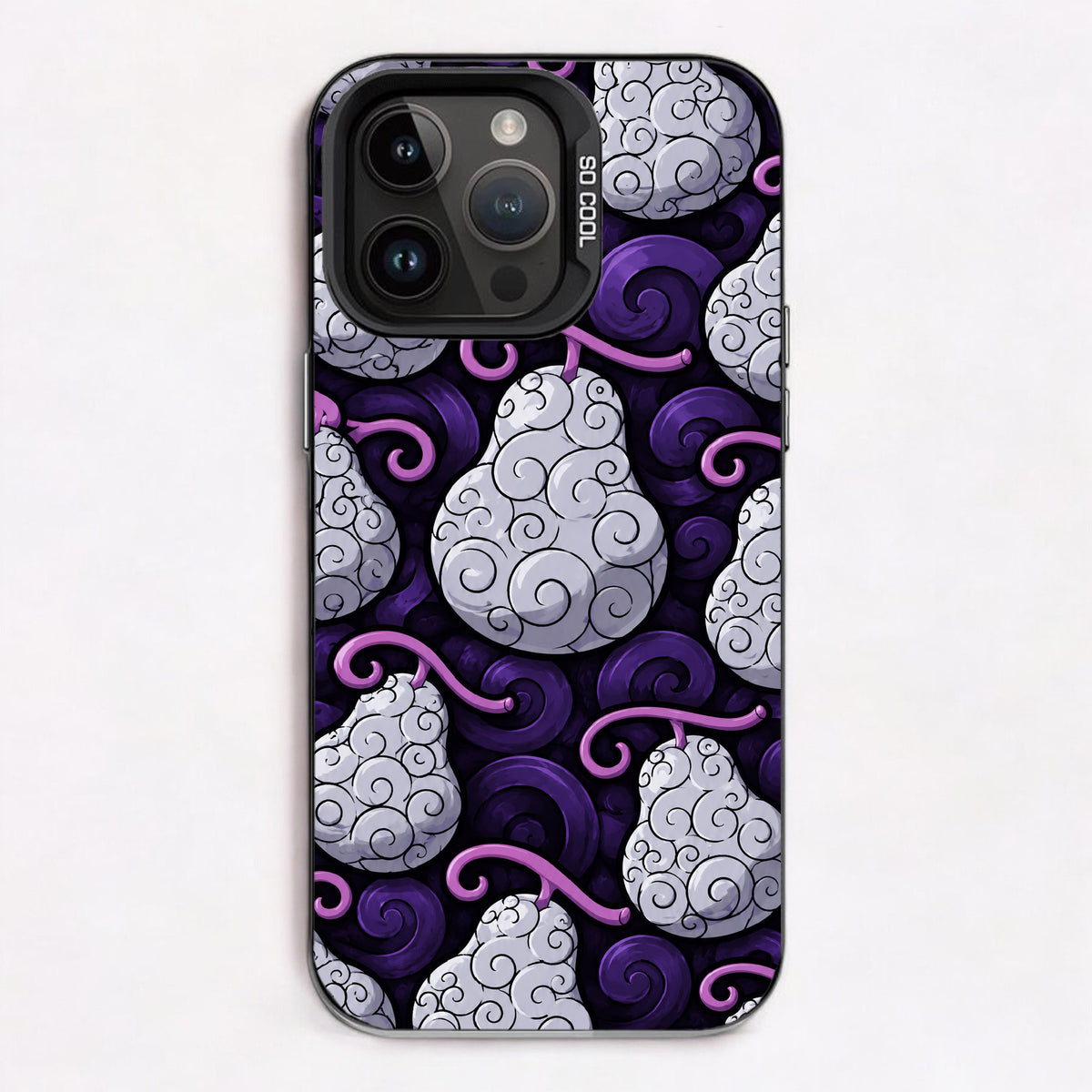 Repeating pattern of swirling purple and white clouds with a whimsical touch.