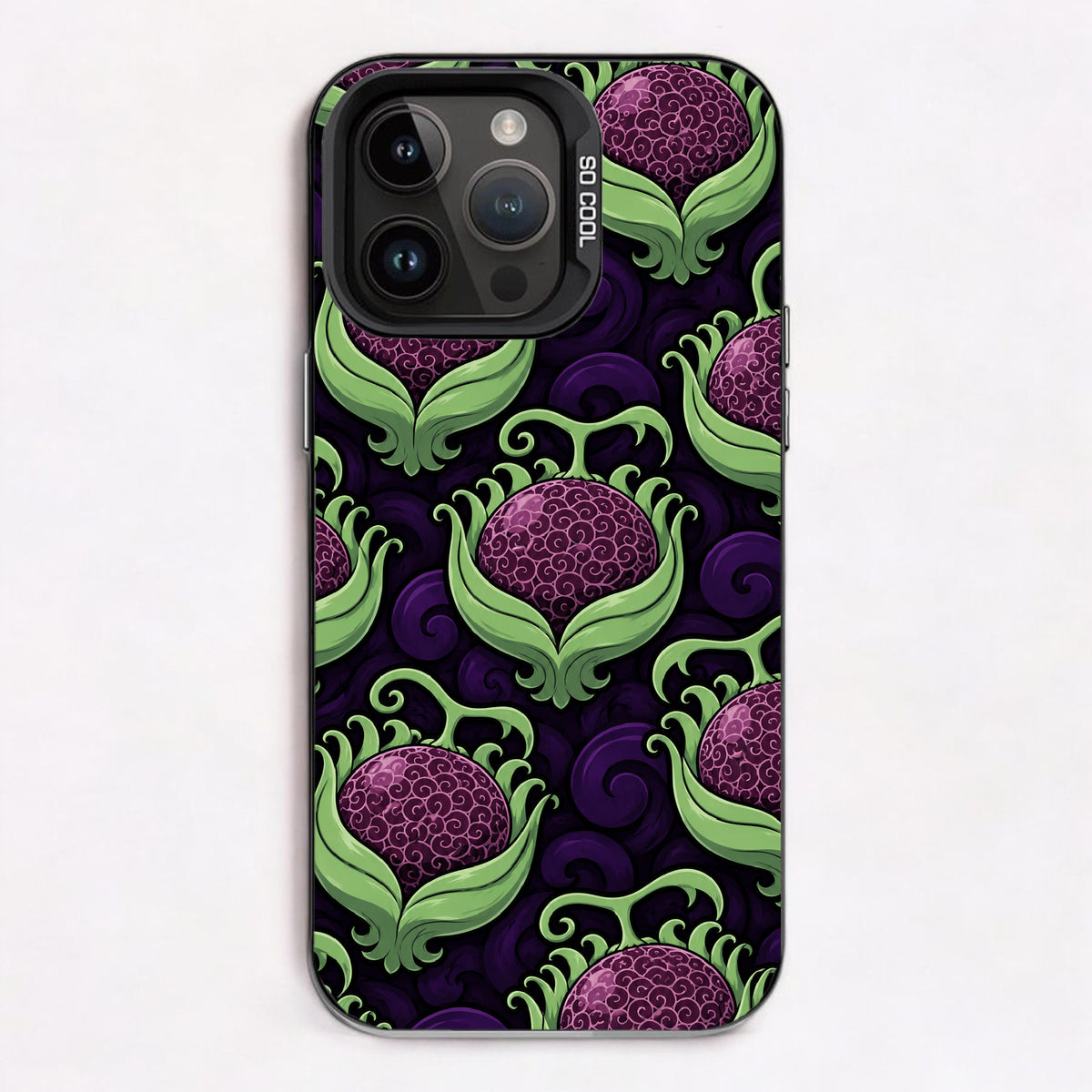 Repeating pattern of stylized purple spheres with green leaf-like structures on a dark background.