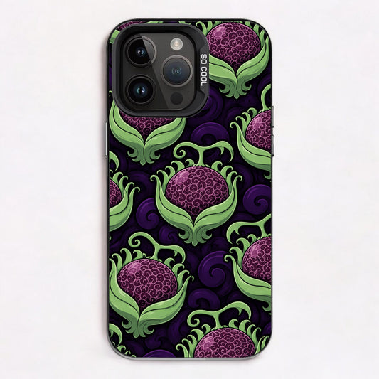 Repeating pattern of stylized purple spheres with green leaf-like structures on a dark background.