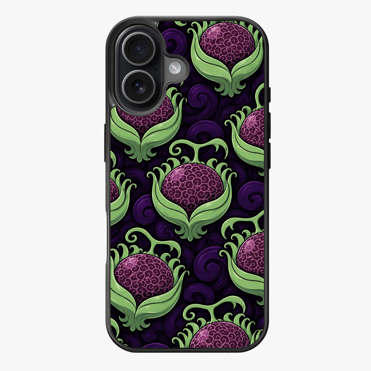 Repeating pattern of stylized purple spheres with green leaf-like structures on a dark background.
