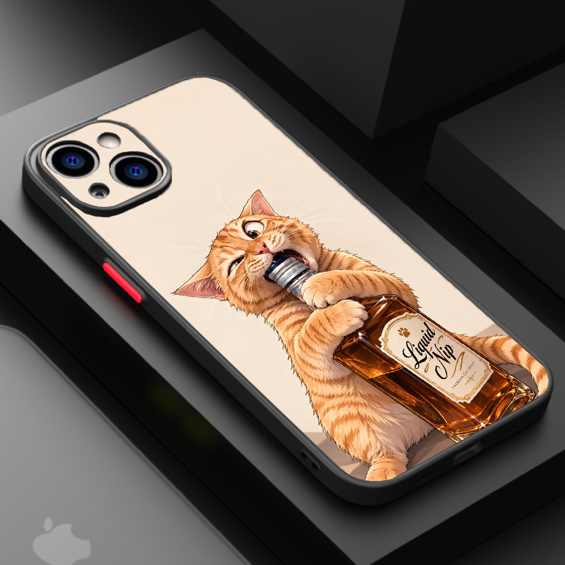 Cartoon cat drinking from 'Liquid Nip' bottle, vibrant orange fur, playful expression.