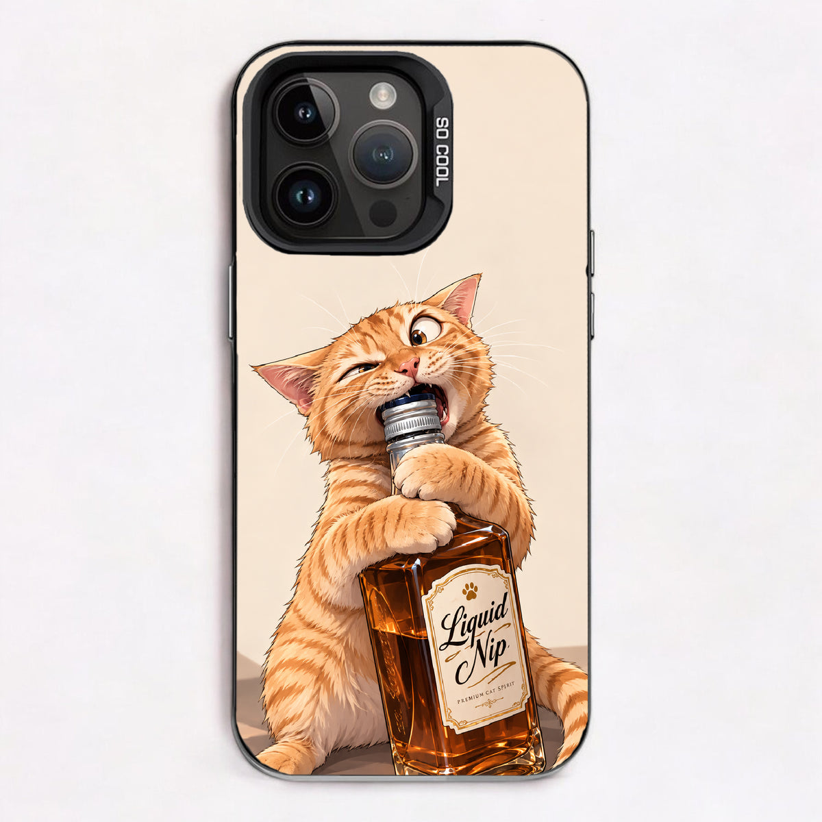 Cartoon cat drinking from 'Liquid Nip' bottle, vibrant orange fur, playful expression.