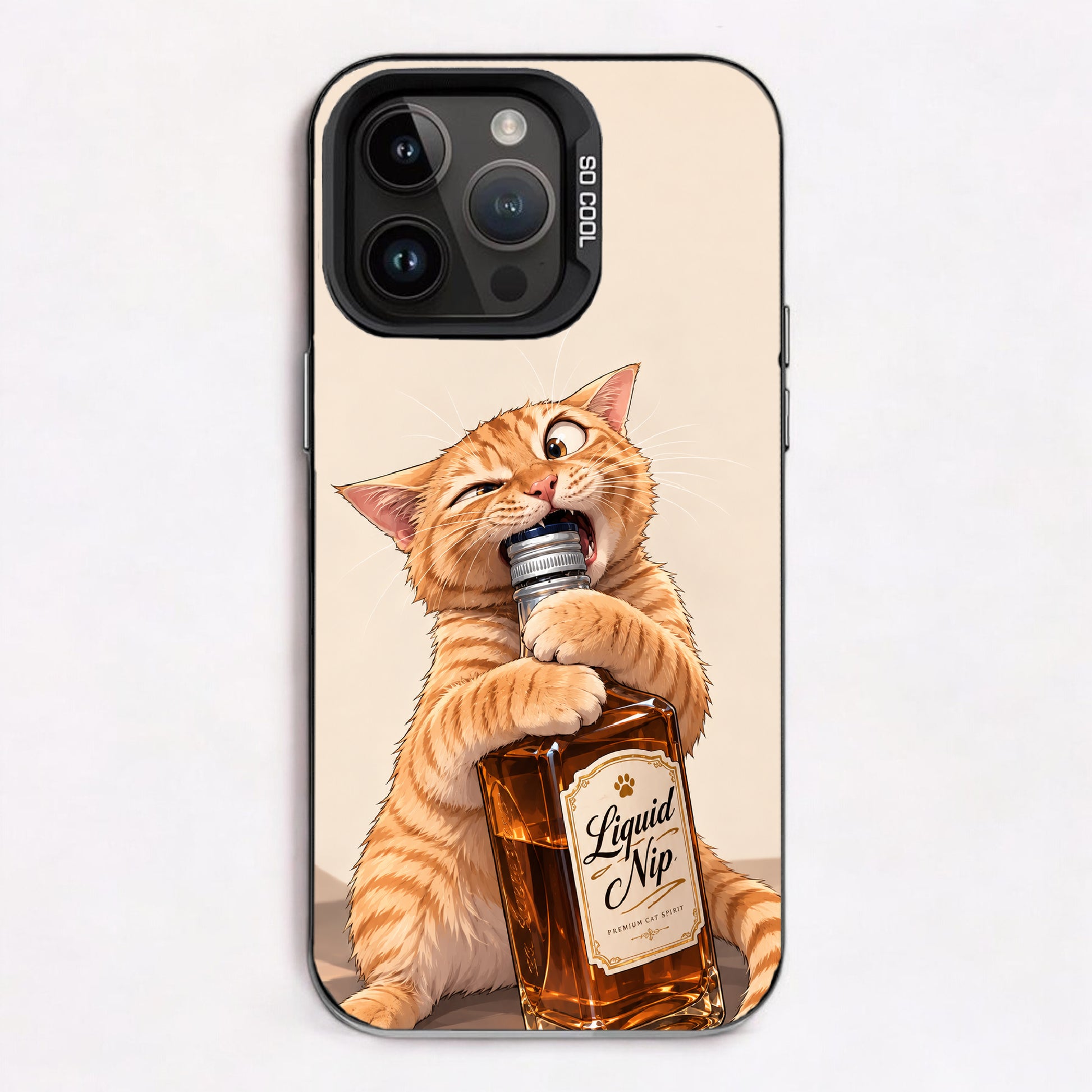Cartoon cat drinking from 'Liquid Nip' bottle, vibrant orange fur, playful expression.