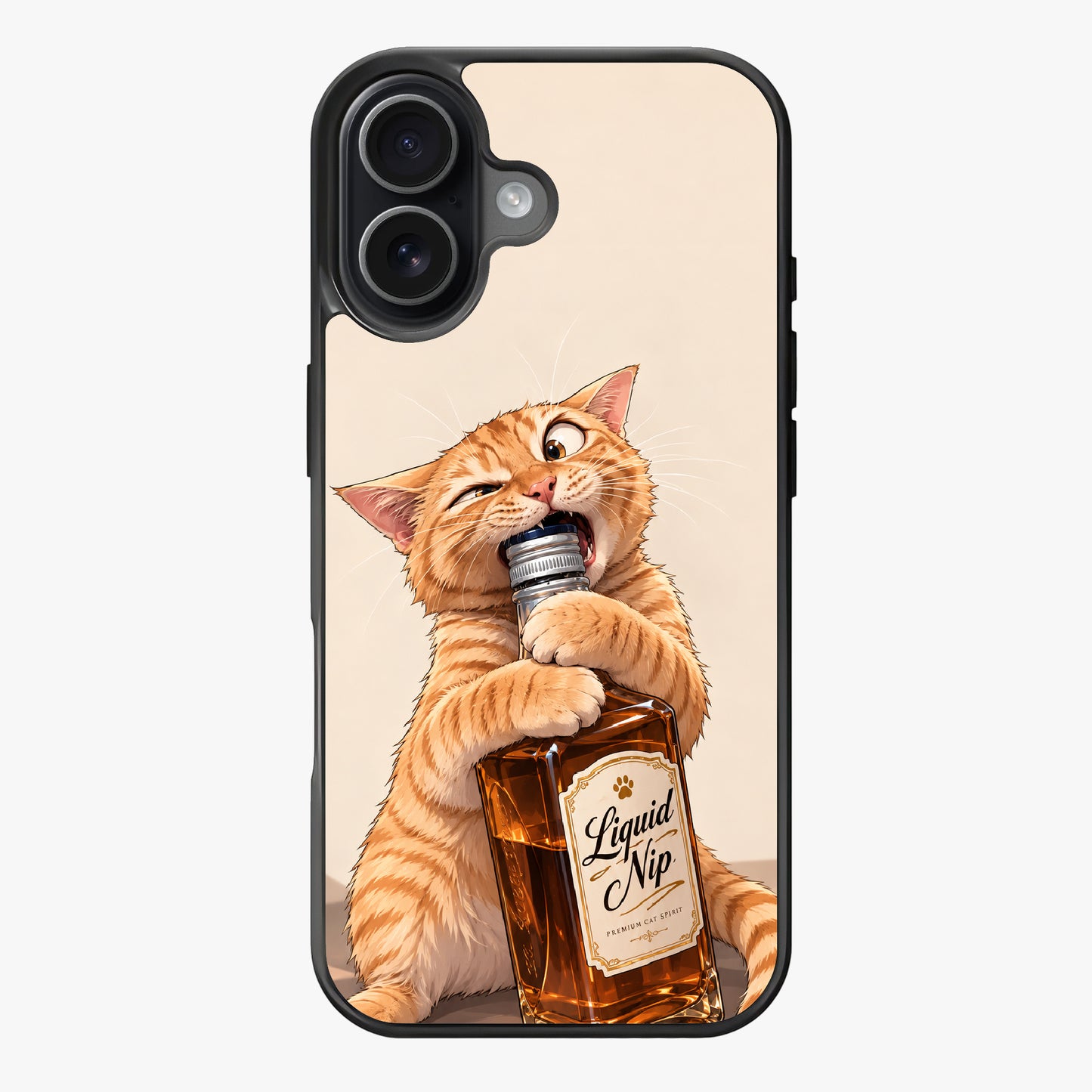 Cartoon cat drinking from 'Liquid Nip' bottle, vibrant orange fur, playful expression.