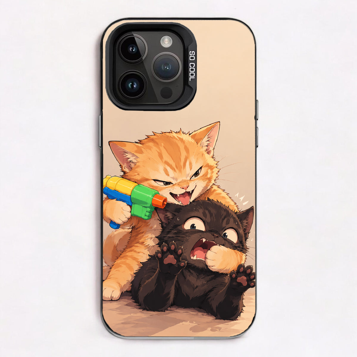 Cartoon kittens playing with a toy water gun, one surprised and the other amused, in a playful and colorful illustration.