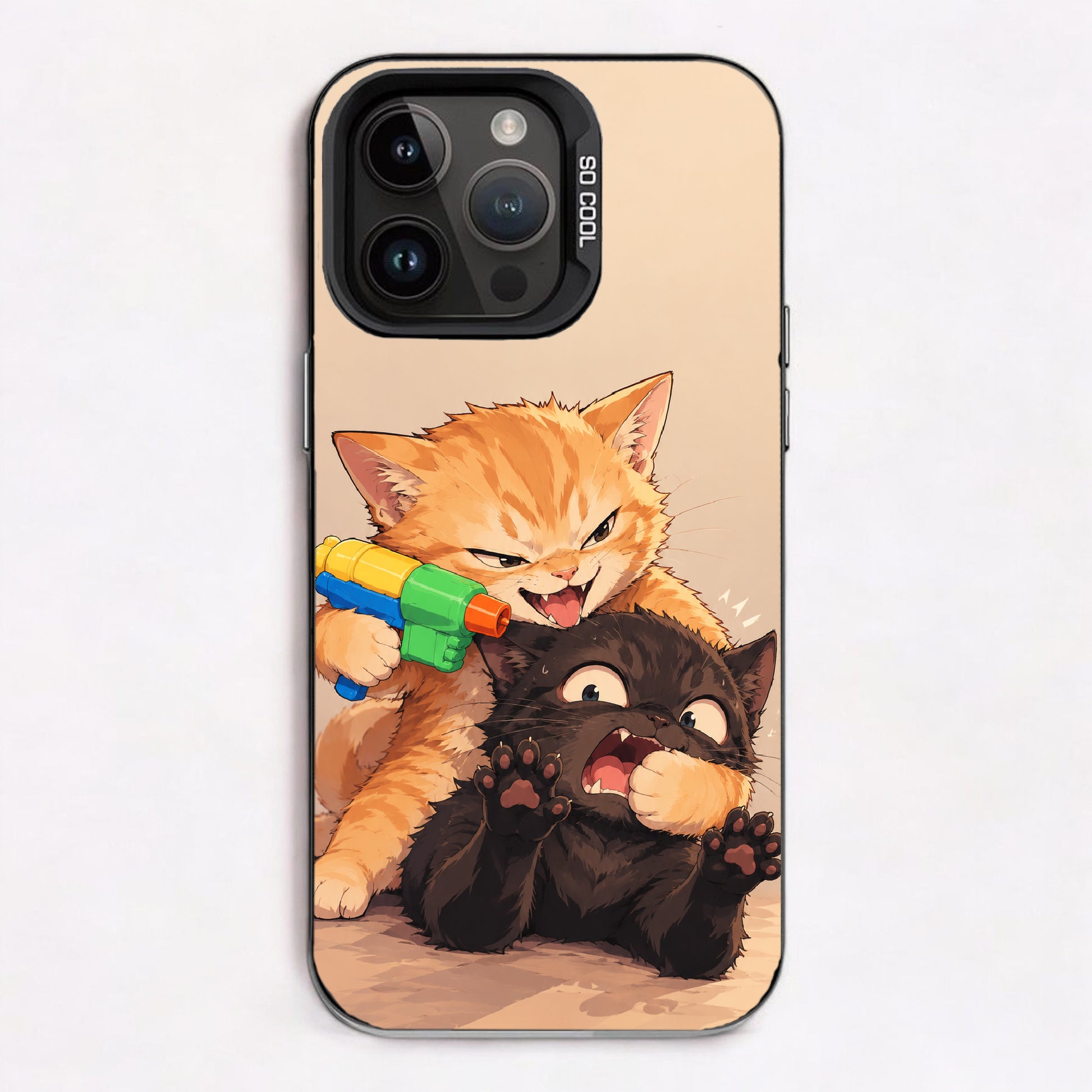 Cartoon kittens playing with a toy water gun, one surprised and the other amused, in a playful and colorful illustration.