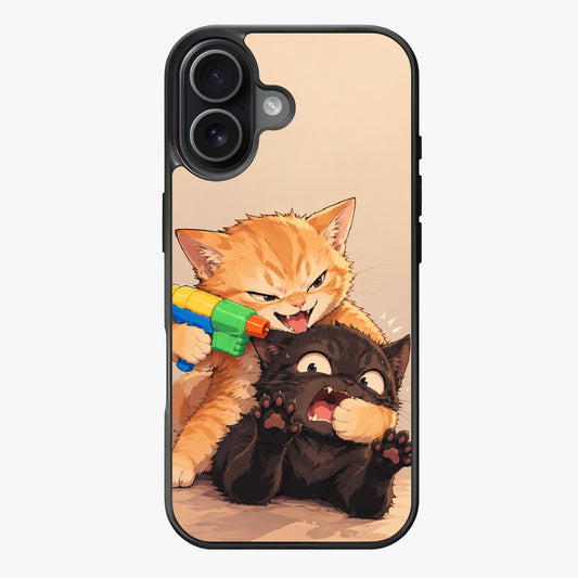 Cartoon kittens playing with a toy water gun, one surprised and the other amused, in a playful and colorful illustration.