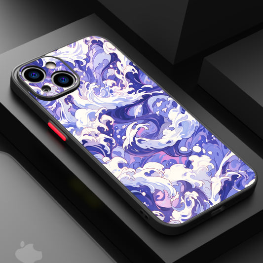 Vibrant wave design featuring swirling lavender hues and white foam.