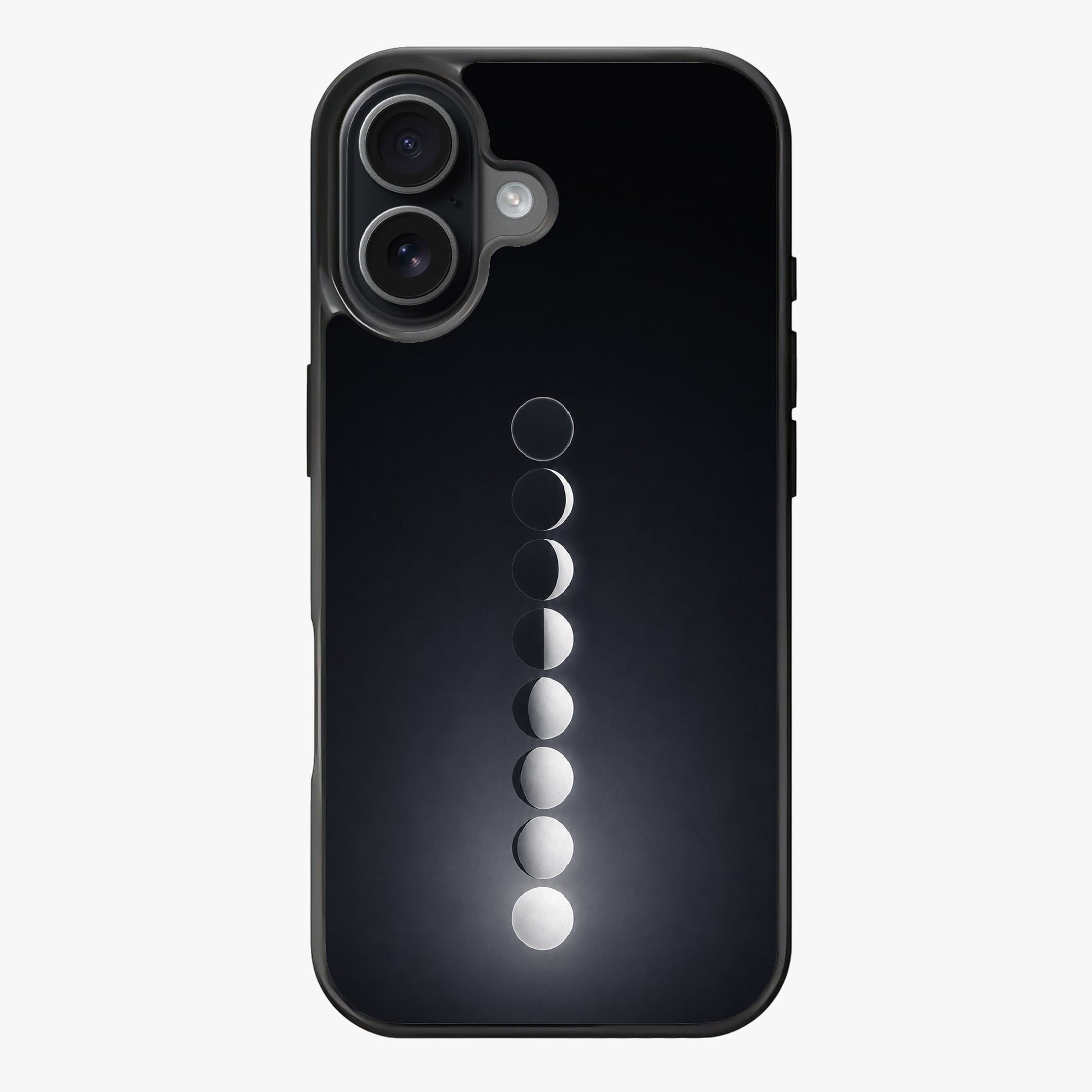 Minimalist black-and-white image of the moon's phases arranged vertically against a dark background.