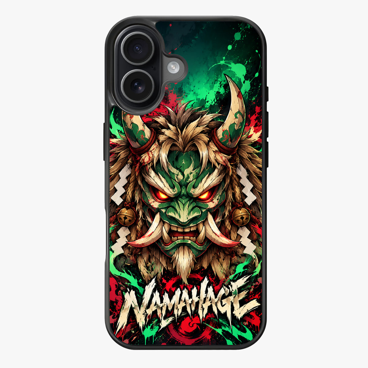 Fierce demon mask with red eyes and horns, green and red background, splatter effects, artistic design.