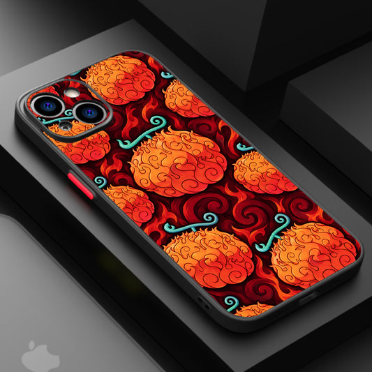 Vibrant flames and teal serpentine elements in a swirling, energetic design.