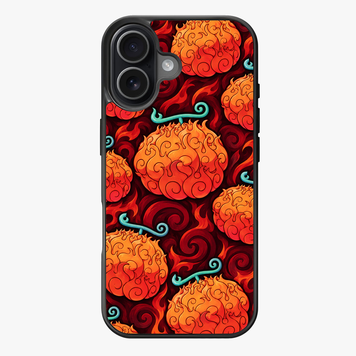 Vibrant flames and teal serpentine elements in a swirling, energetic design.