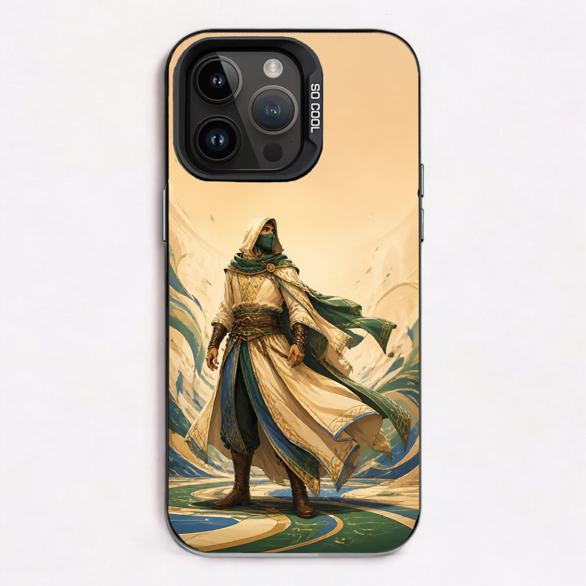 Illustration of an assassin in traditional attire with flowing robes and intricate patterns set against a desert landscape.