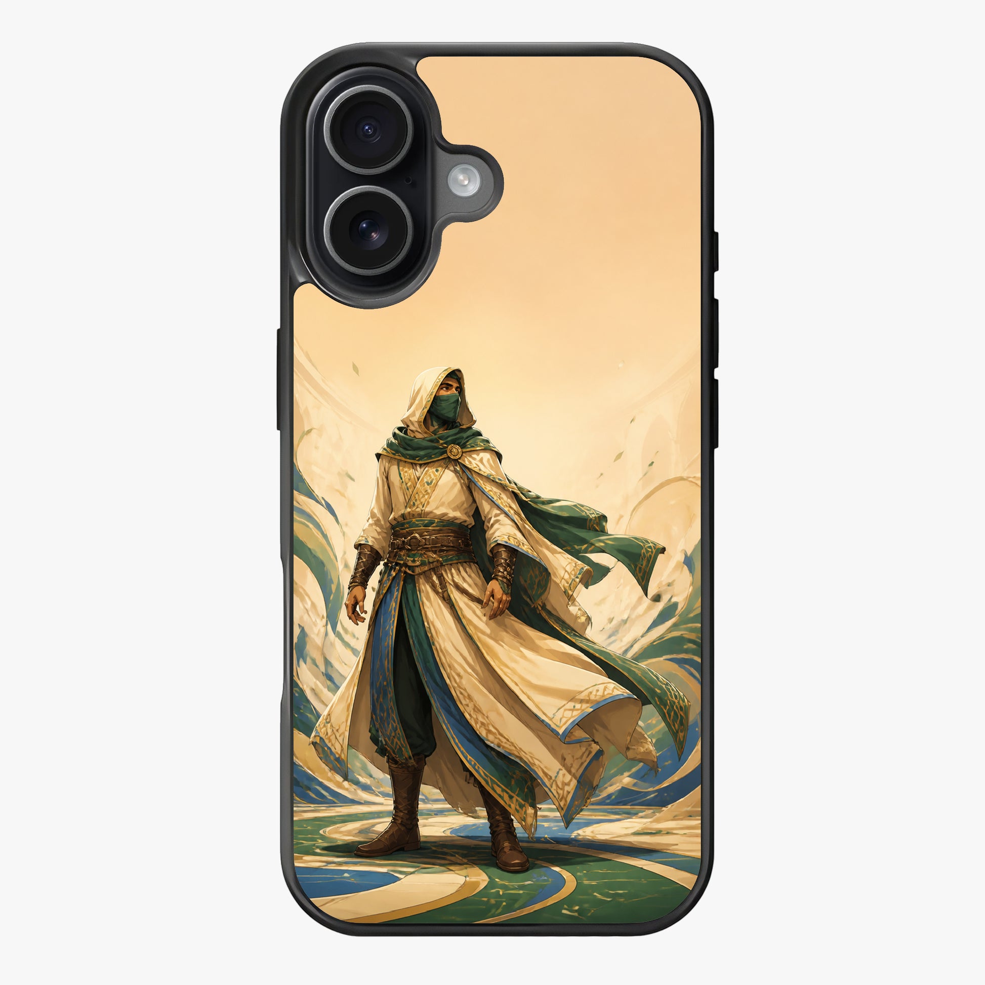 Illustration of an assassin in traditional attire with flowing robes and intricate patterns set against a desert landscape.
