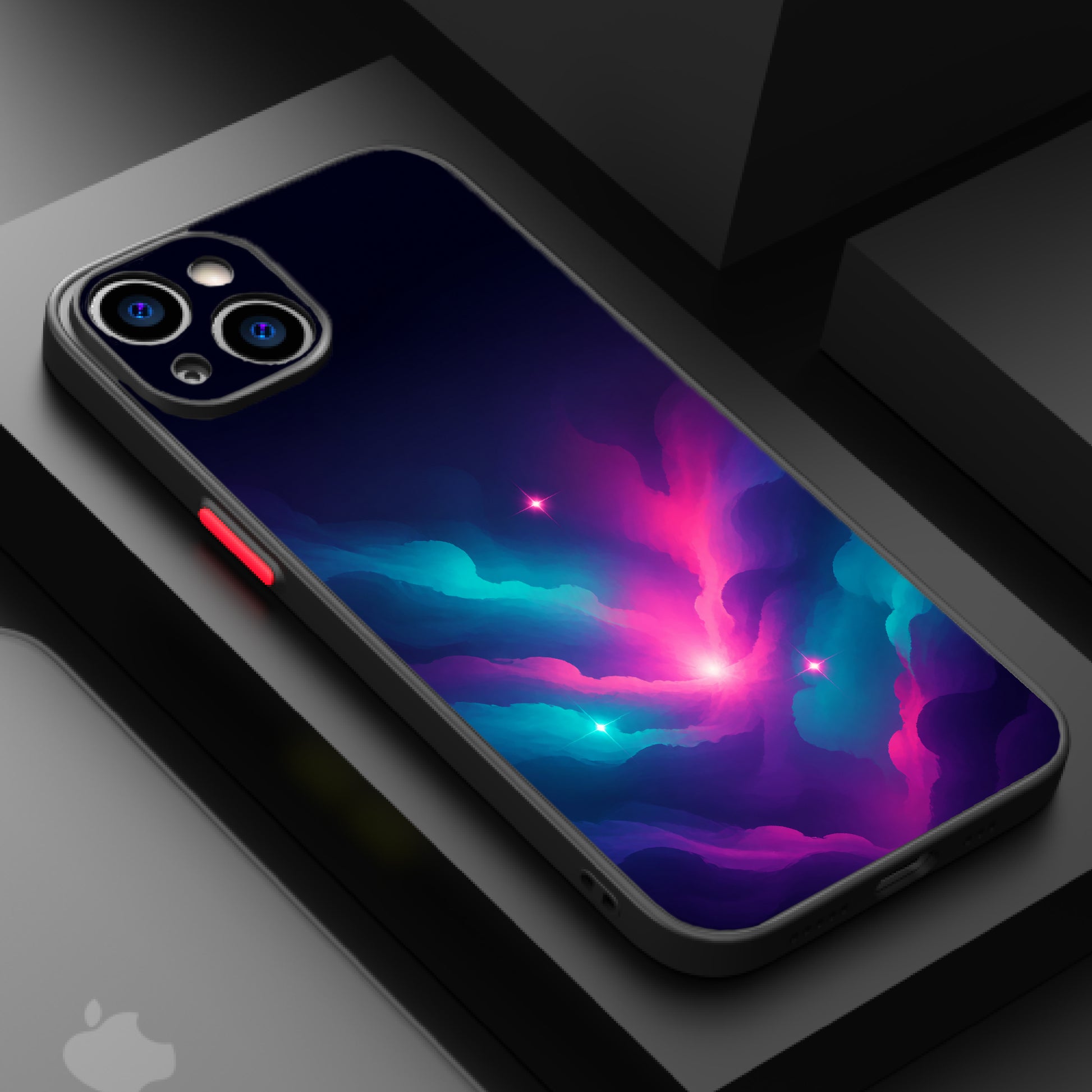 Vibrant cosmic clouds in blue and pink hues against a dark background.
