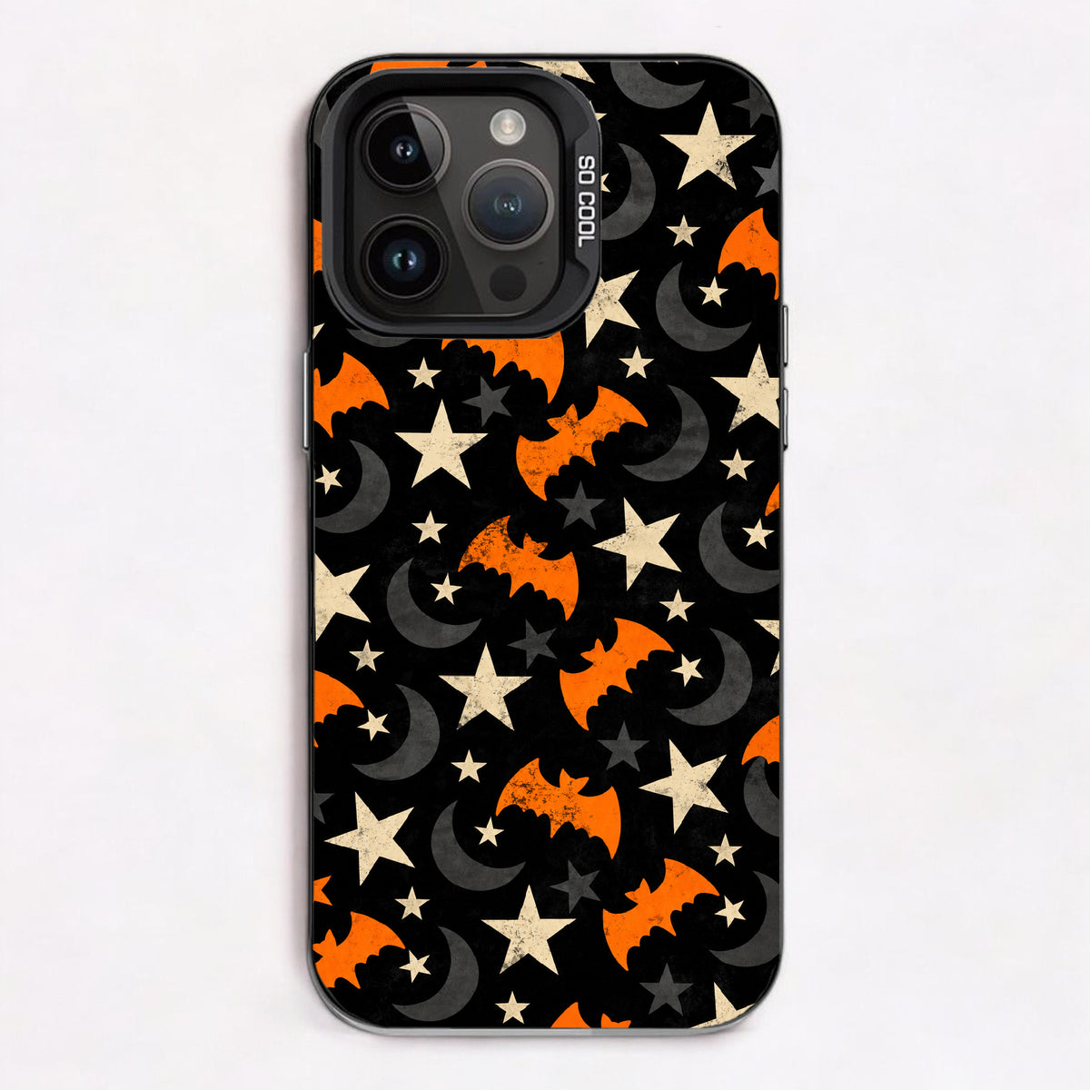 Night Flight - Classic Trick-or-Treat: Halloween-themed phone case with orange bats, gray crescent moons, and white stars on a black background.