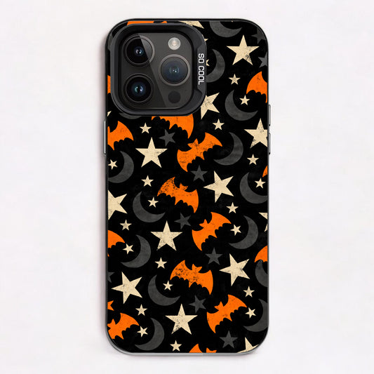 Night Flight - Classic Trick-or-Treat: Halloween-themed phone case with orange bats, gray crescent moons, and white stars on a black background.