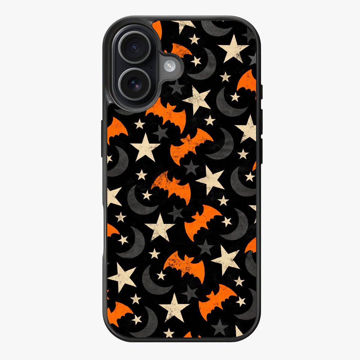 Night Flight - Classic Trick-or-Treat: Halloween-themed phone case with orange bats, gray crescent moons, and white stars on a black background.