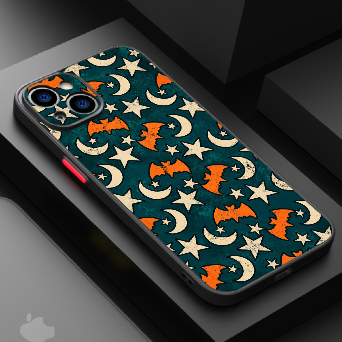 Repeating pattern of orange bats, white stars, and cream crescent moons on a teal background.