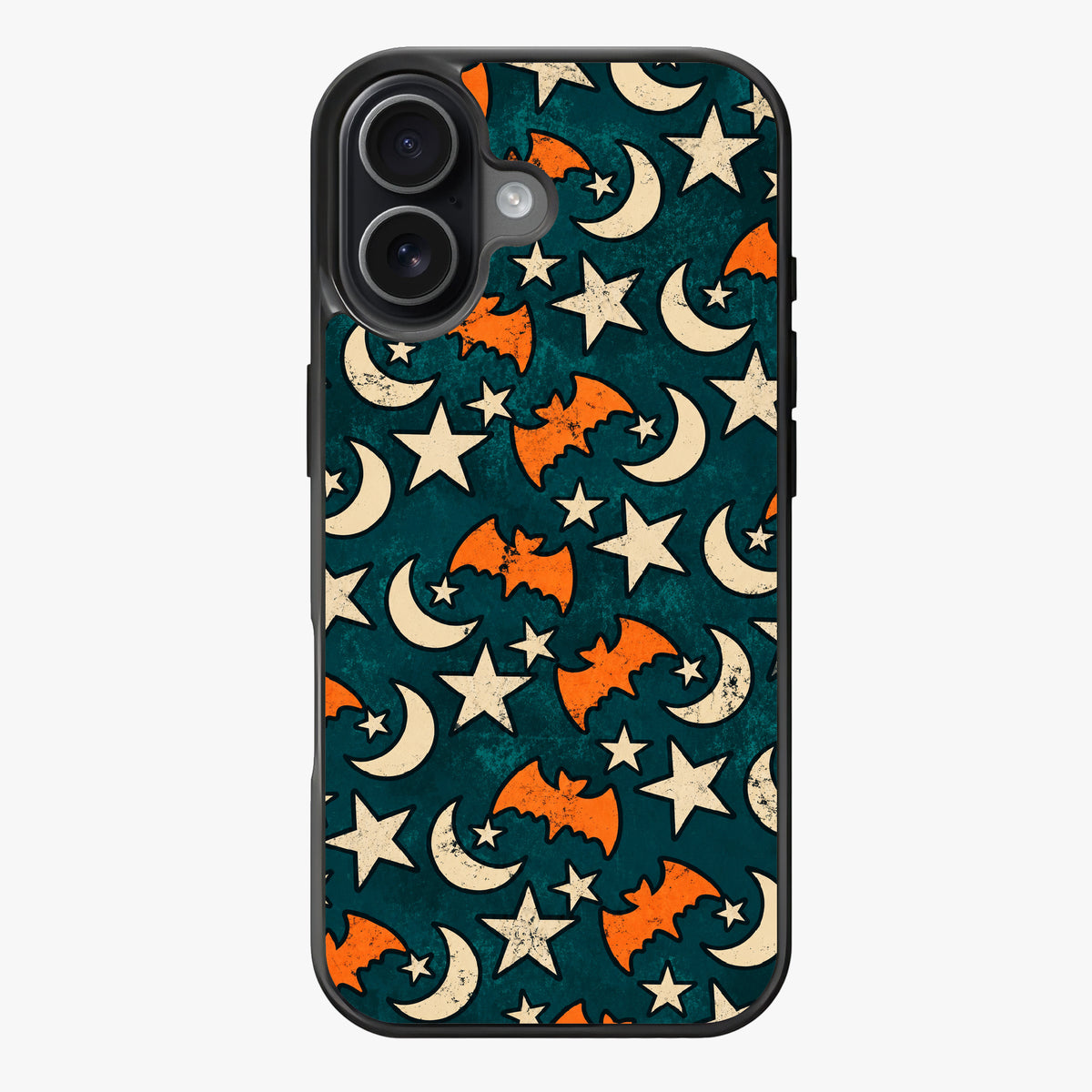 Repeating pattern of orange bats, white stars, and cream crescent moons on a teal background.