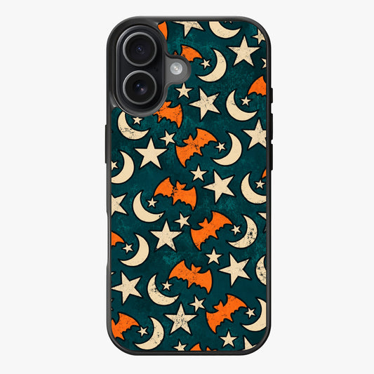 Repeating pattern of orange bats, white stars, and cream crescent moons on a teal background.