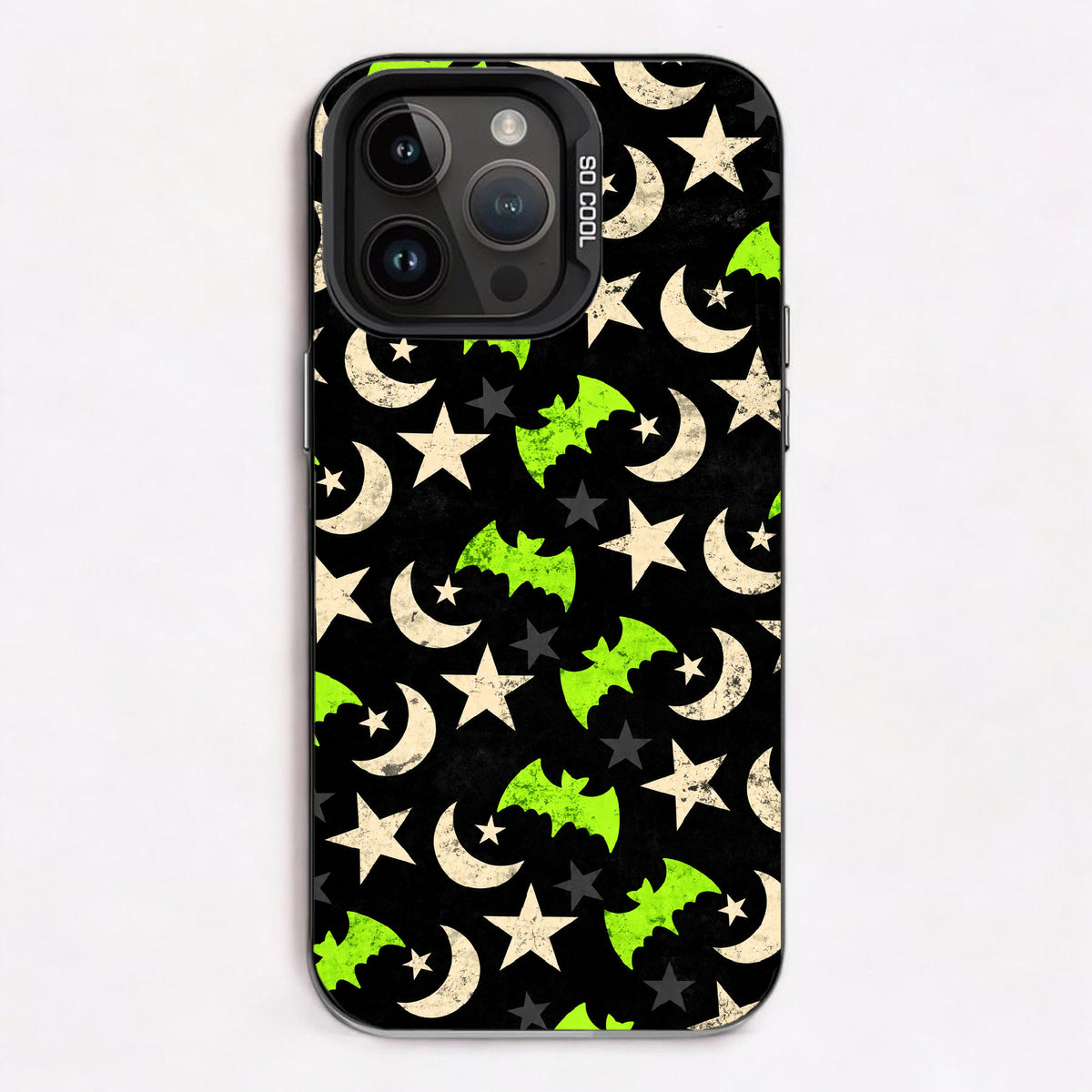 Night Flight - Toxic Glow: neon green bats, white crescent moons, and stars on a black background.