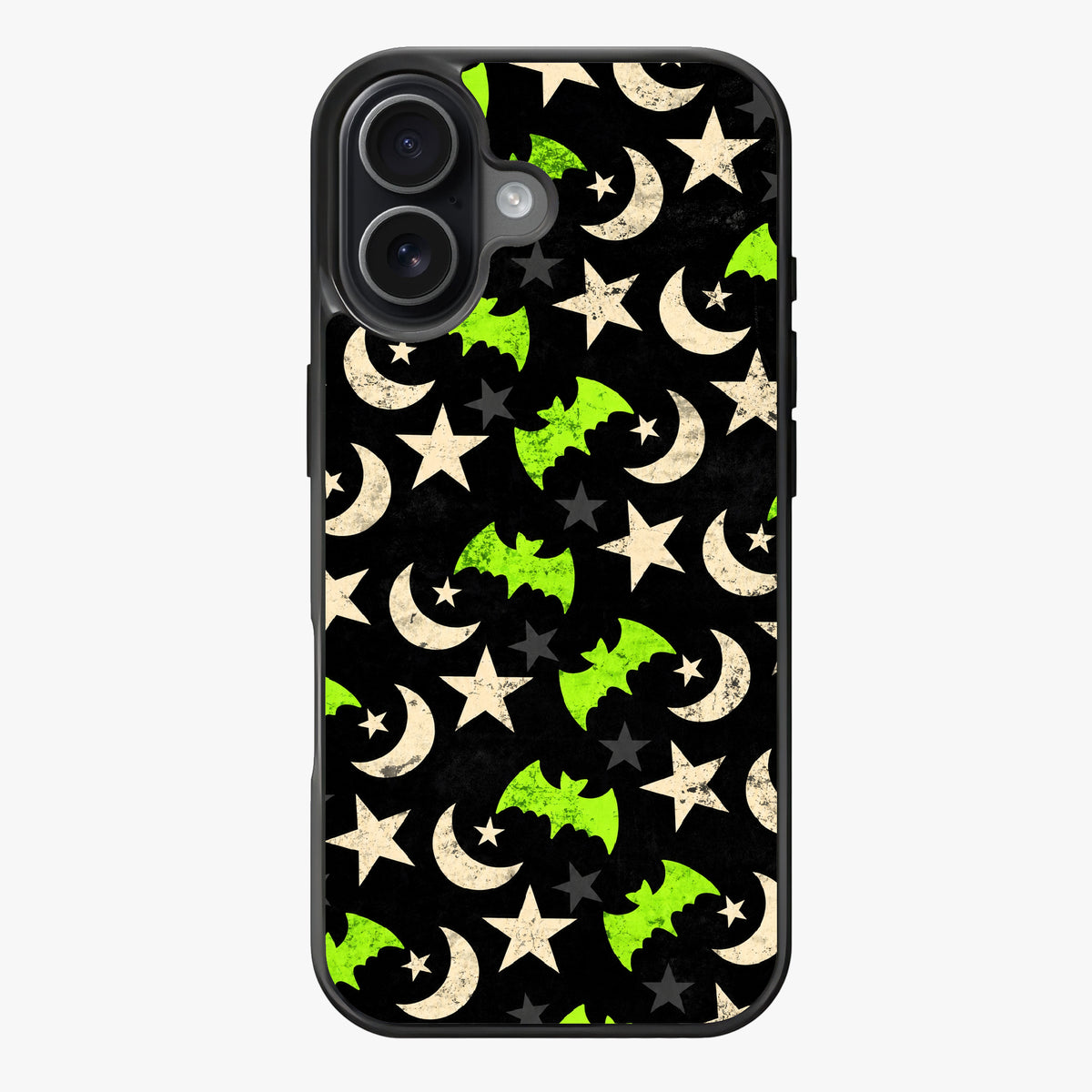 Night Flight - Toxic Glow: neon green bats, white crescent moons, and stars on a black background.