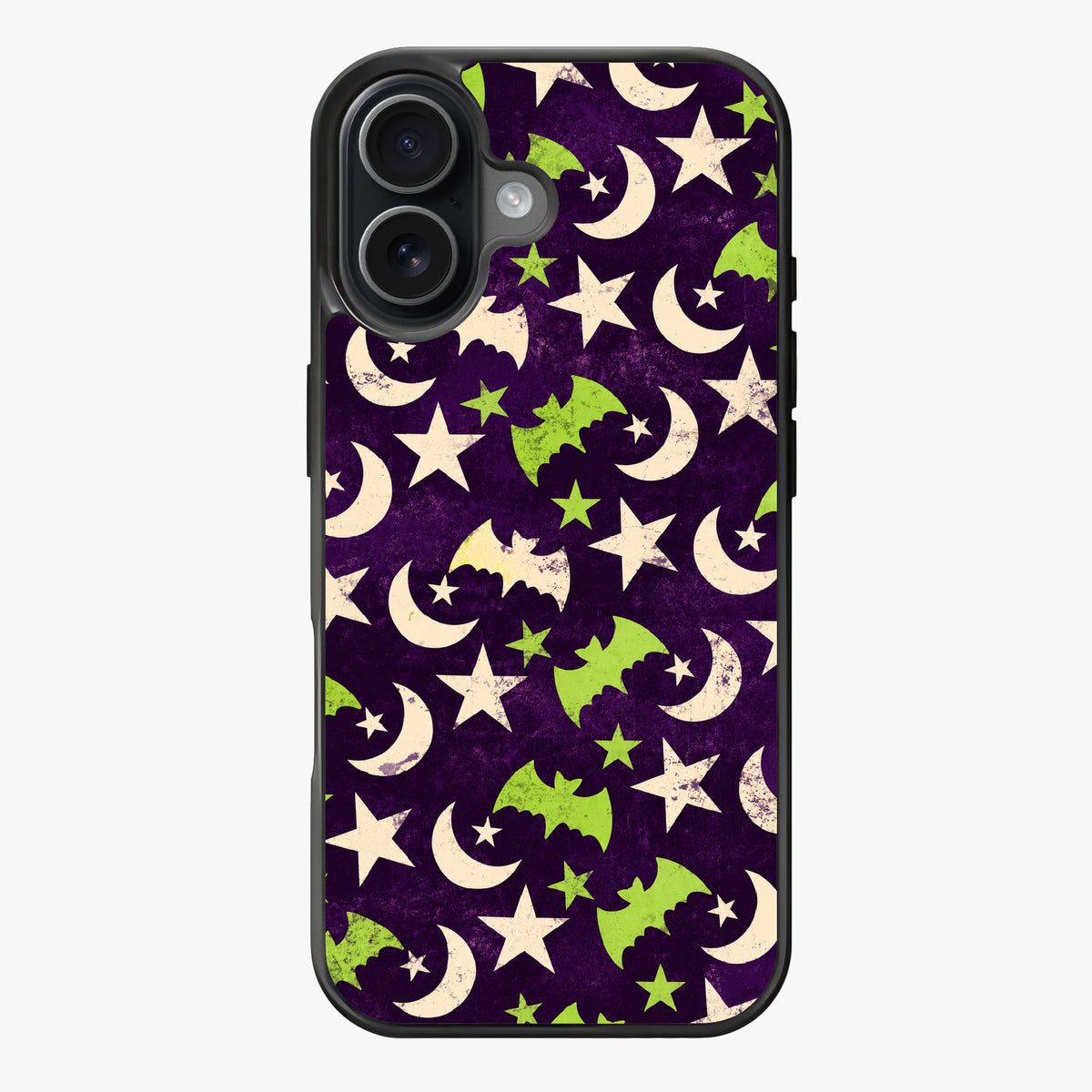 Whimsical night-themed pattern with bats, crescent moons, and stars in purple, green, and white on a dark background.