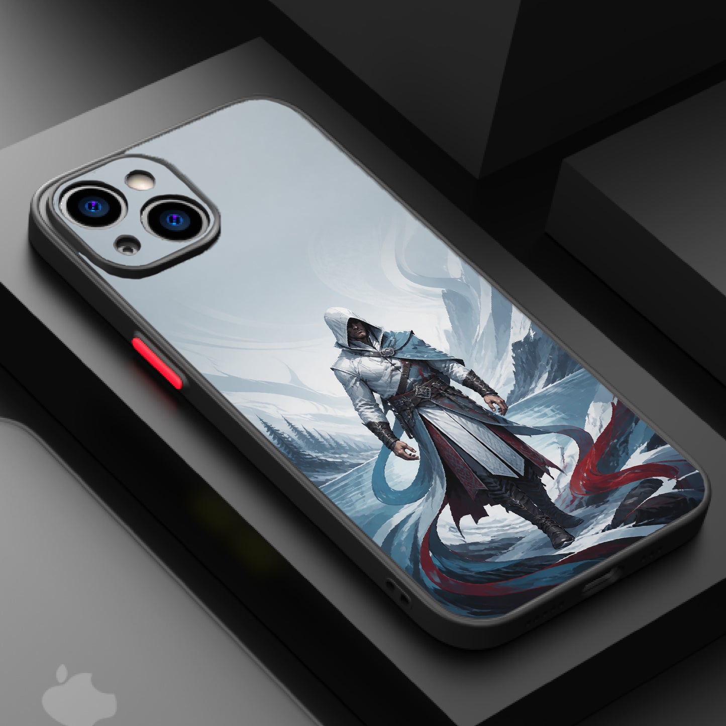 A hooded figure stands in a snowy mountain landscape adorned with swirling red and blue ribbons.