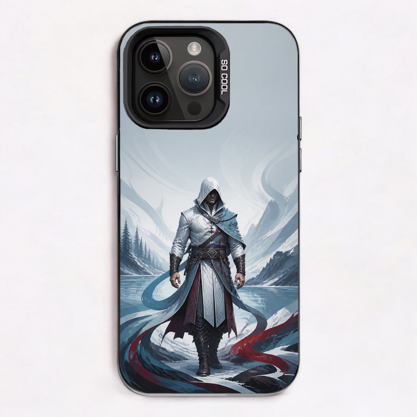 A hooded figure stands in a snowy mountain landscape adorned with swirling red and blue ribbons.