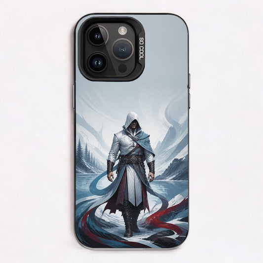 A hooded figure stands in a snowy mountain landscape adorned with swirling red and blue ribbons.