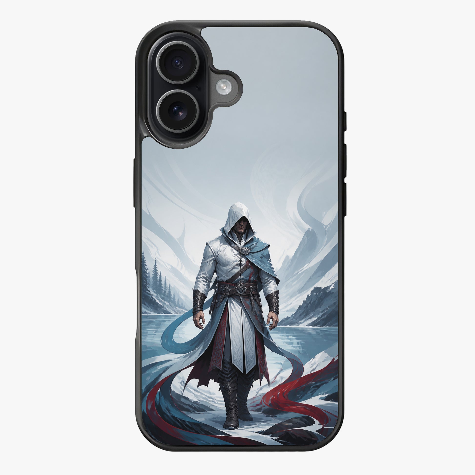 A hooded figure stands in a snowy mountain landscape adorned with swirling red and blue ribbons.