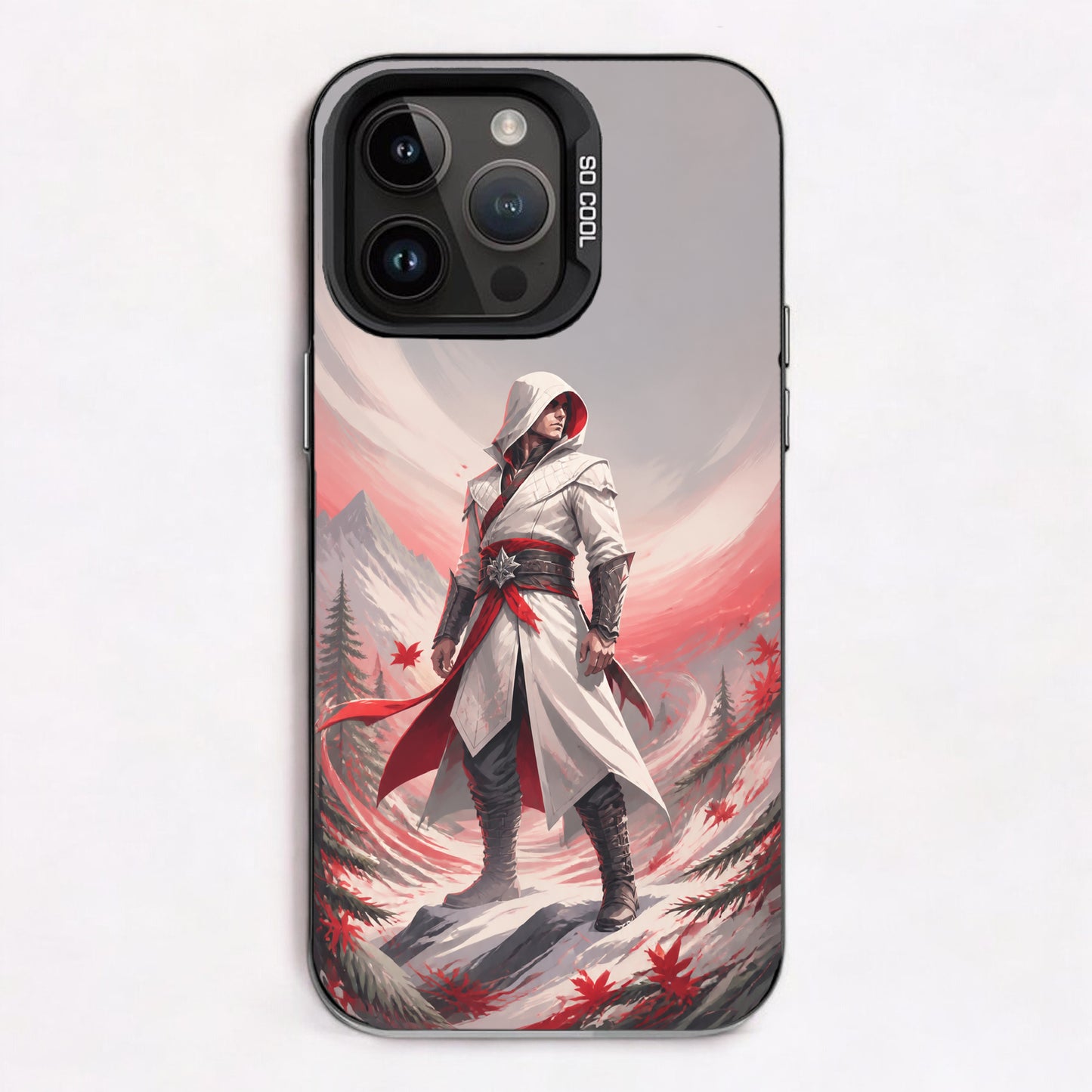 Illustration of an assassin in white robes standing against a snowy mountain backdrop with red accents.