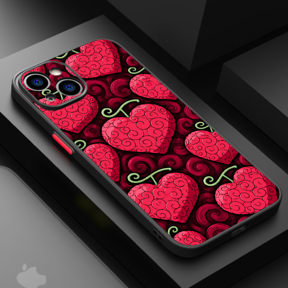 Repeating pattern of red heart shapes with swirling details and green stems.