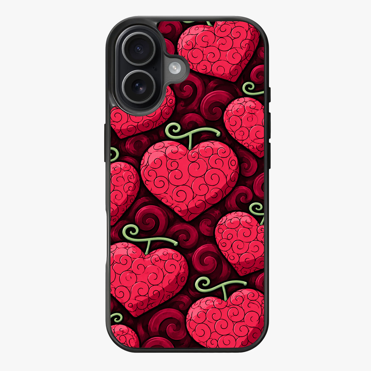 Repeating pattern of red heart shapes with swirling details and green stems.