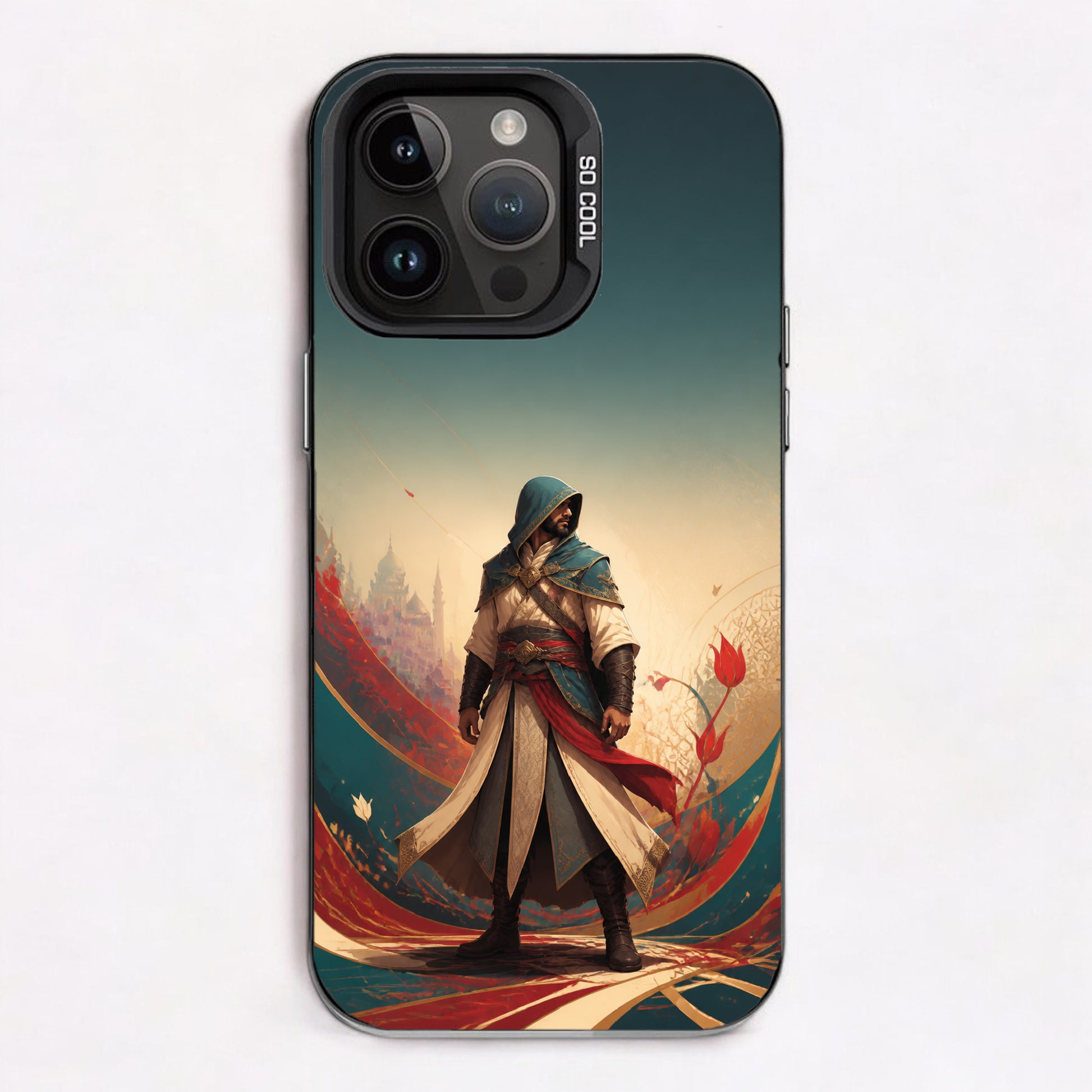 A hooded figure in ornate attire stands before a vibrant abstract background with swirling patterns and floral motifs.