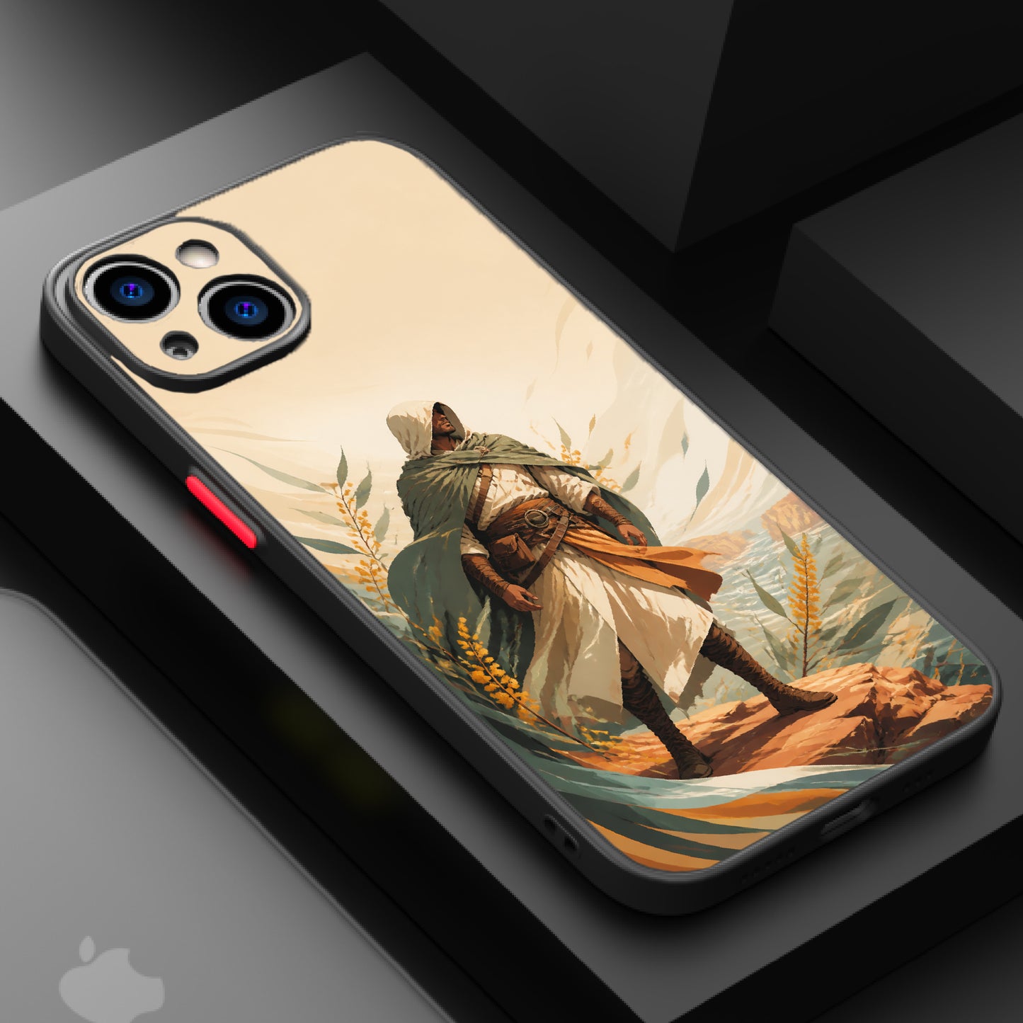 A hooded figure stands on rocks by a river, surrounded by greenery and golden hues.