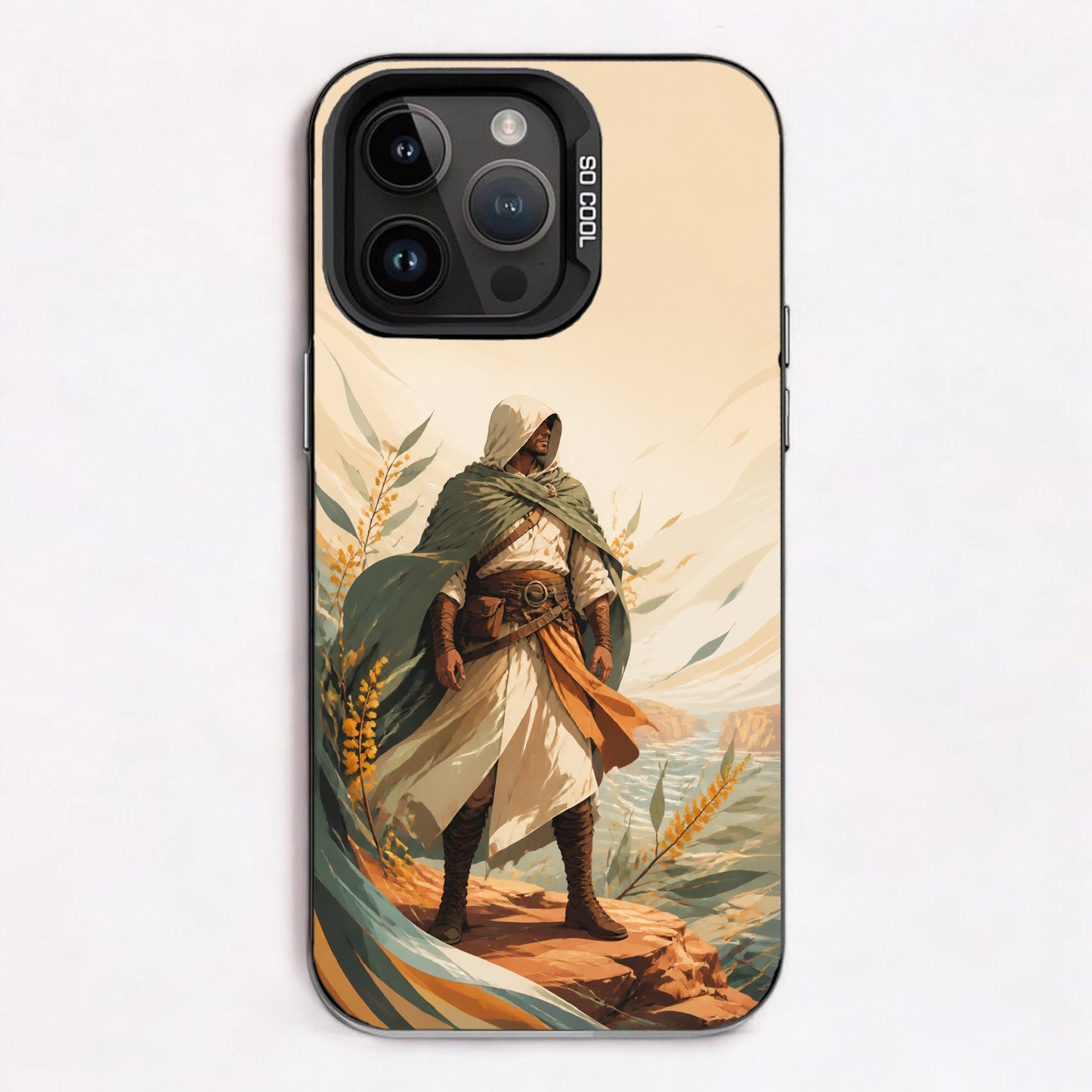 A hooded figure stands on rocks by a river, surrounded by greenery and golden hues.
